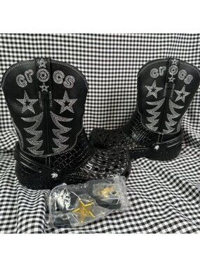 Crocs Classic Cowboy Boots Black Western Cowgirl Clog w Spurs Women’s 6 NWOB